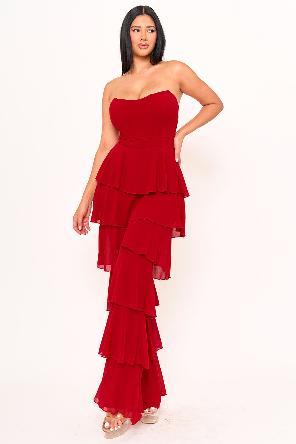 TECHNO CREPE & CHIFFON CONTRAST JUMPSUIT