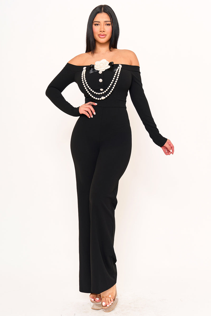 OFF THE SHOULDER CONTRAST TRIM JUMPSUIT