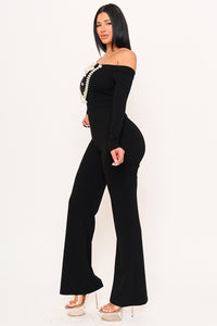 OFF THE SHOULDER CONTRAST TRIM JUMPSUIT