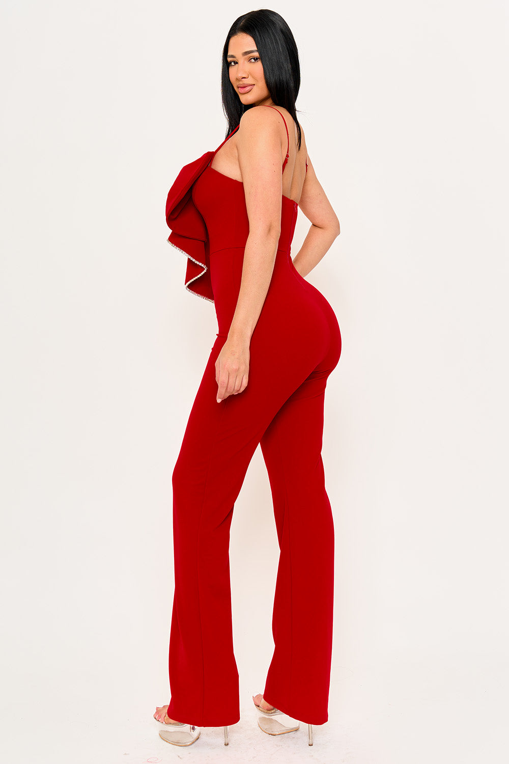 RHINESTONE TRIM THE EDGE OF THE BOW JUMPSUIT
