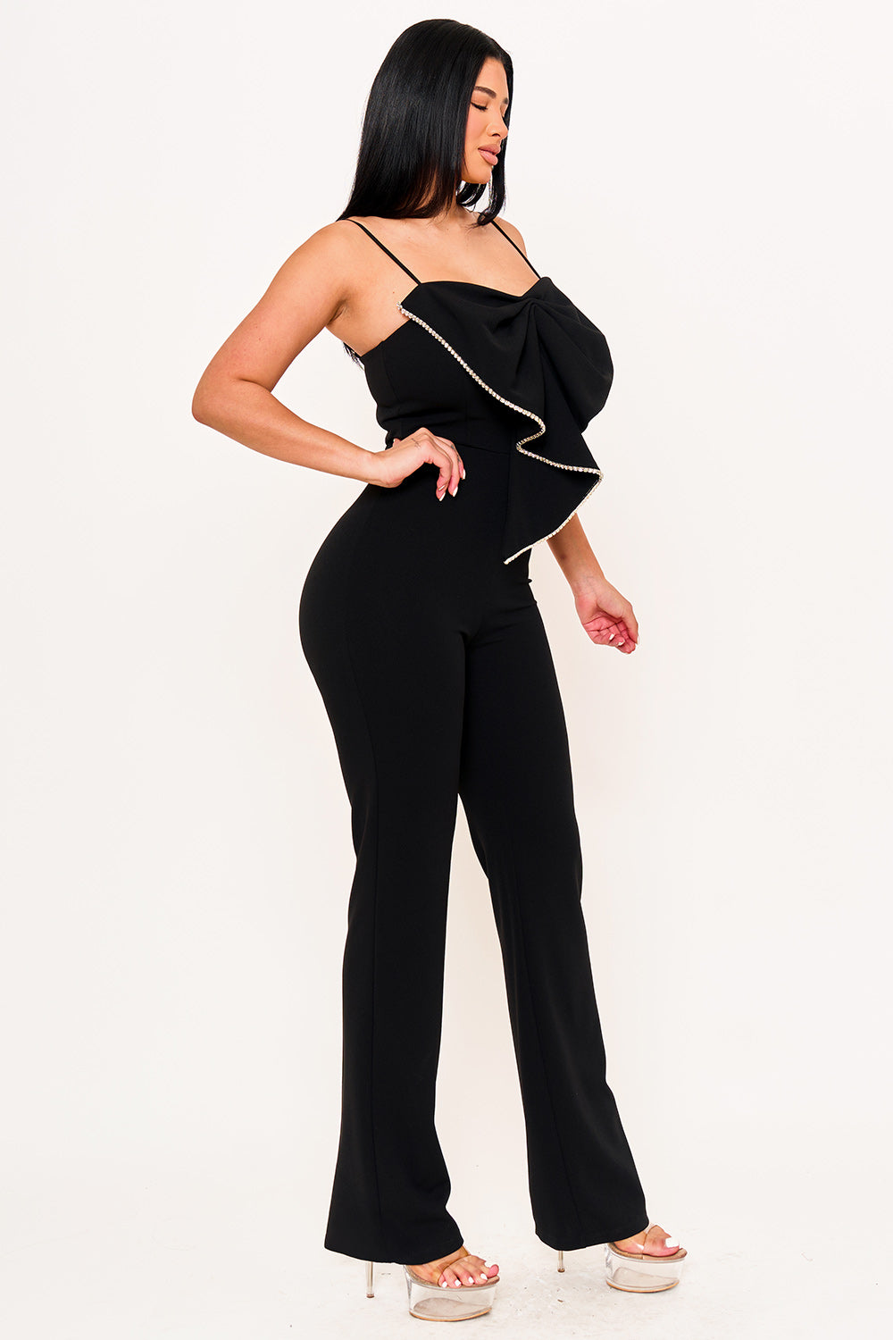 RHINESTONE TRIM THE EDGE OF THE BOW JUMPSUIT