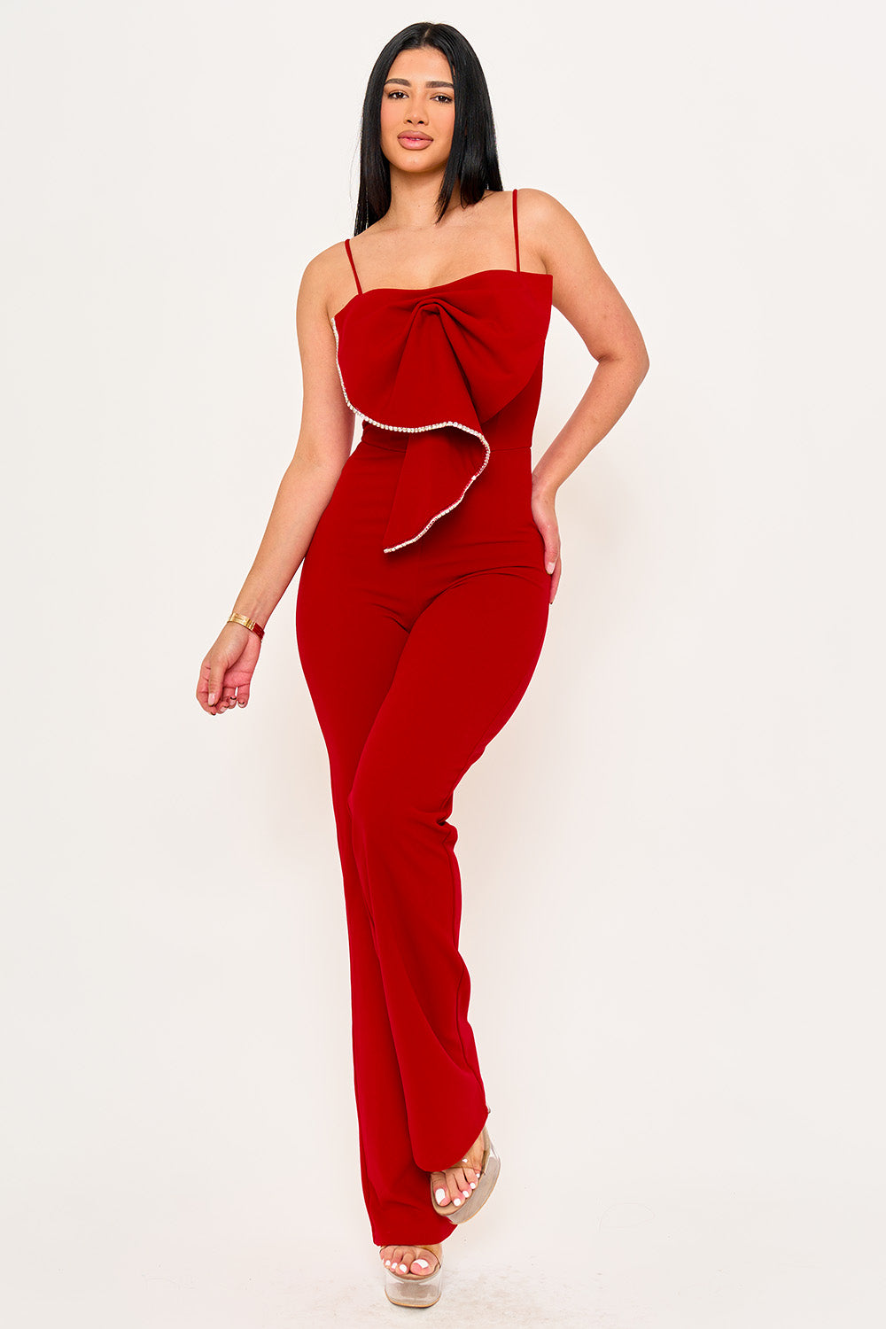 RHINESTONE TRIM THE EDGE OF THE BOW JUMPSUIT