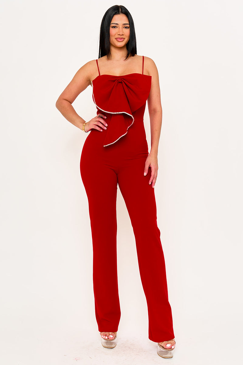 RHINESTONE TRIM THE EDGE OF THE BOW JUMPSUIT