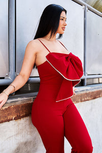 RHINESTONE TRIM THE EDGE OF THE BOW JUMPSUIT