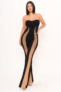 GRADATION RHINESTONE ON MESH PANELED JUMPSUIT