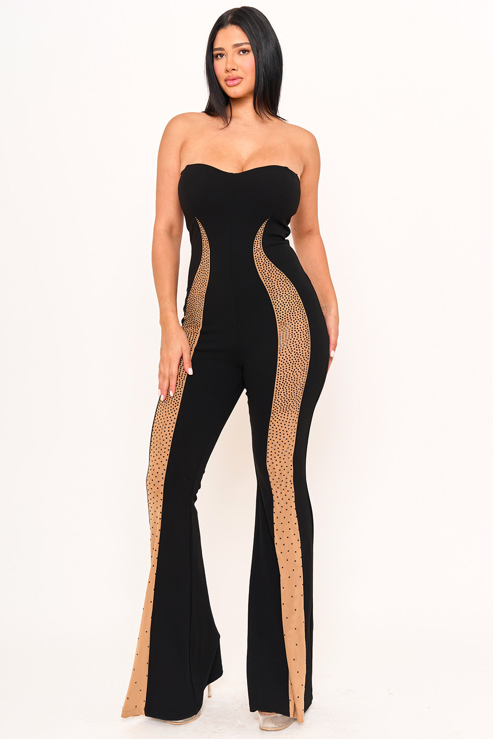 GRADATION RHINESTONE ON MESH PANELED JUMPSUIT