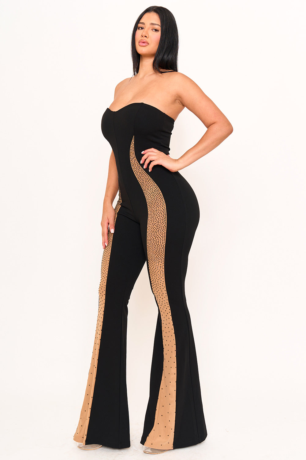 GRADATION RHINESTONE ON MESH PANELED JUMPSUIT