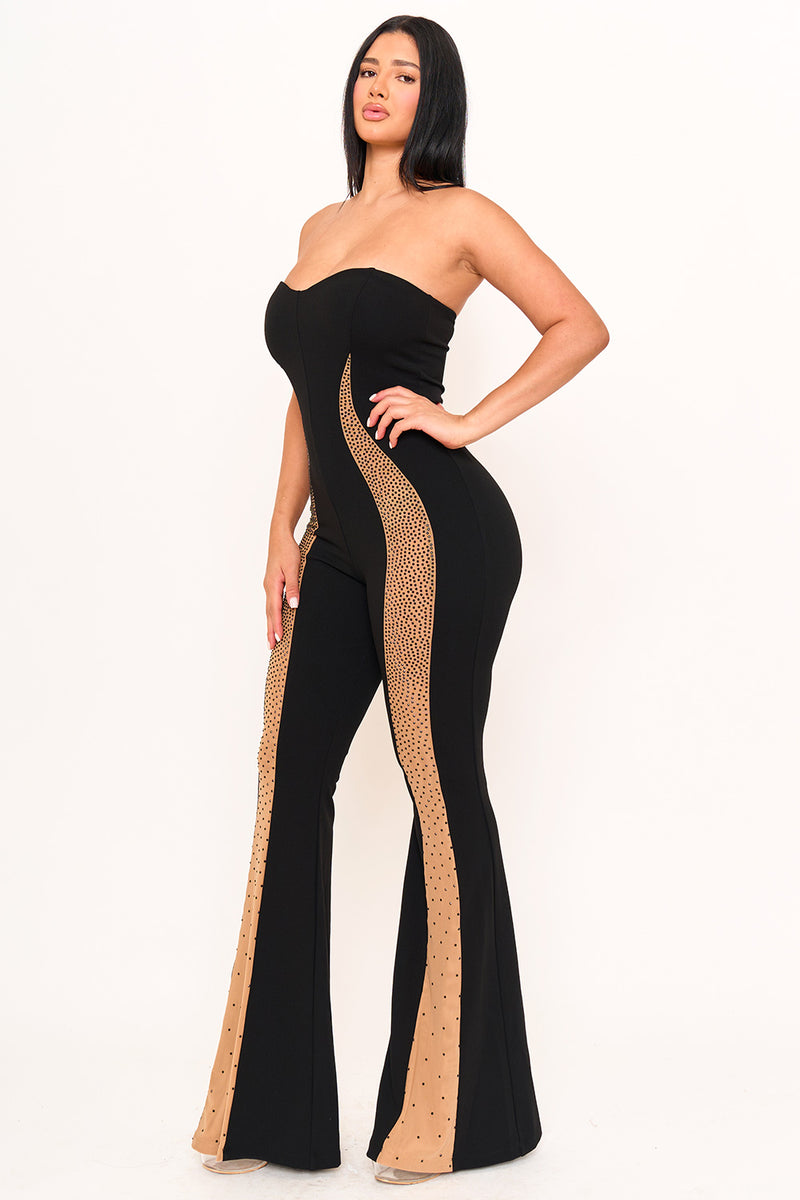 GRADATION RHINESTONE ON MESH PANELED JUMPSUIT