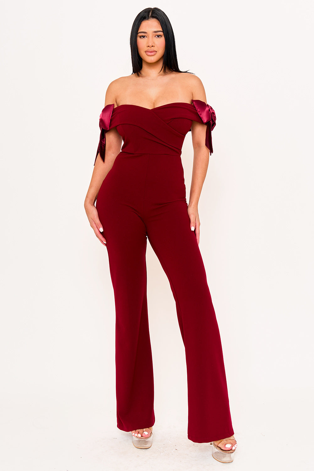 FABRIC CONTRAST OFF THE SHOULDER JUMPSUIT