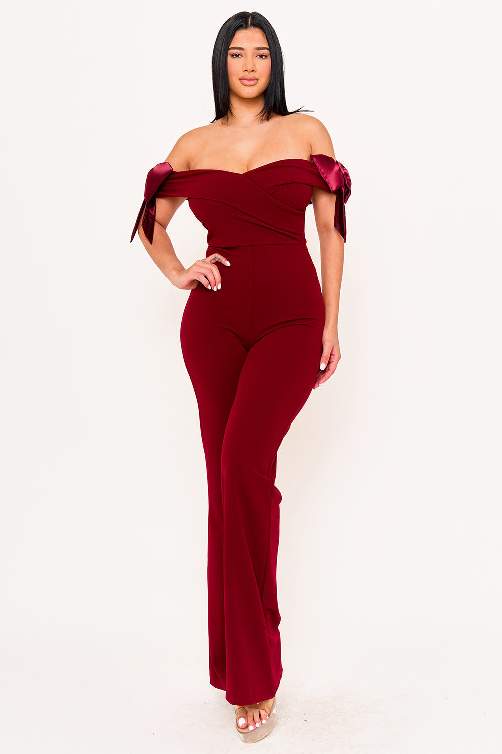 FABRIC CONTRAST OFF THE SHOULDER JUMPSUIT