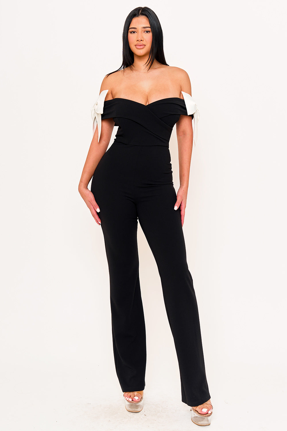 FABRIC CONTRAST OFF THE SHOULDER JUMPSUIT