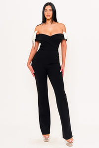 FABRIC CONTRAST OFF THE SHOULDER JUMPSUIT