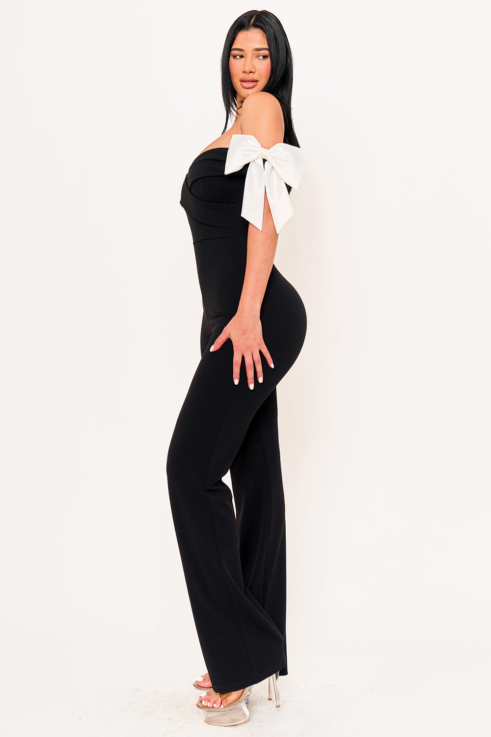 FABRIC CONTRAST OFF THE SHOULDER JUMPSUIT