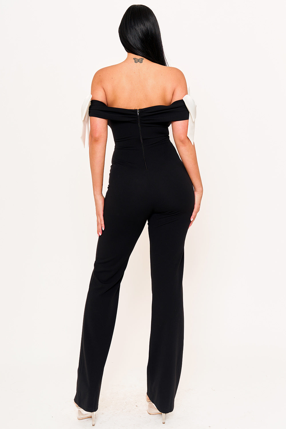 FABRIC CONTRAST OFF THE SHOULDER JUMPSUIT