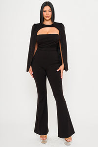 PLEATED BUST WITH ATTACHED LONG SLEEVE CAPE JUMPSUIT