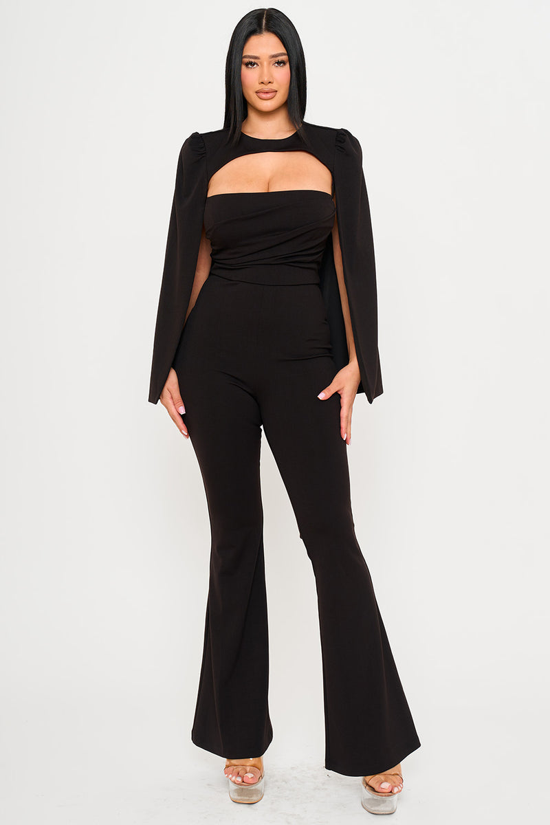 PLEATED BUST WITH ATTACHED LONG SLEEVE CAPE JUMPSUIT