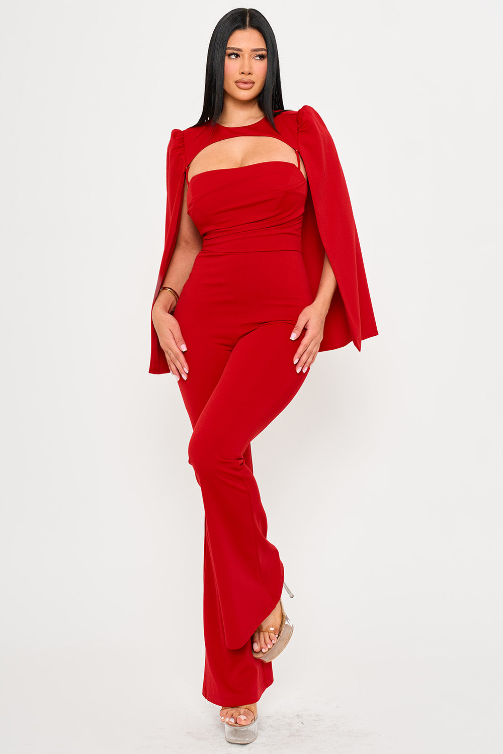 PLEATED BUST WITH ATTACHED LONG SLEEVE CAPE JUMPSUIT