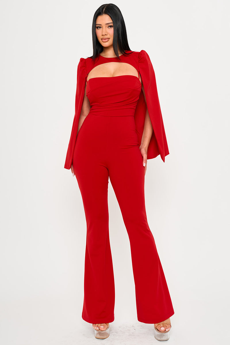 PLEATED BUST WITH ATTACHED LONG SLEEVE CAPE JUMPSUIT