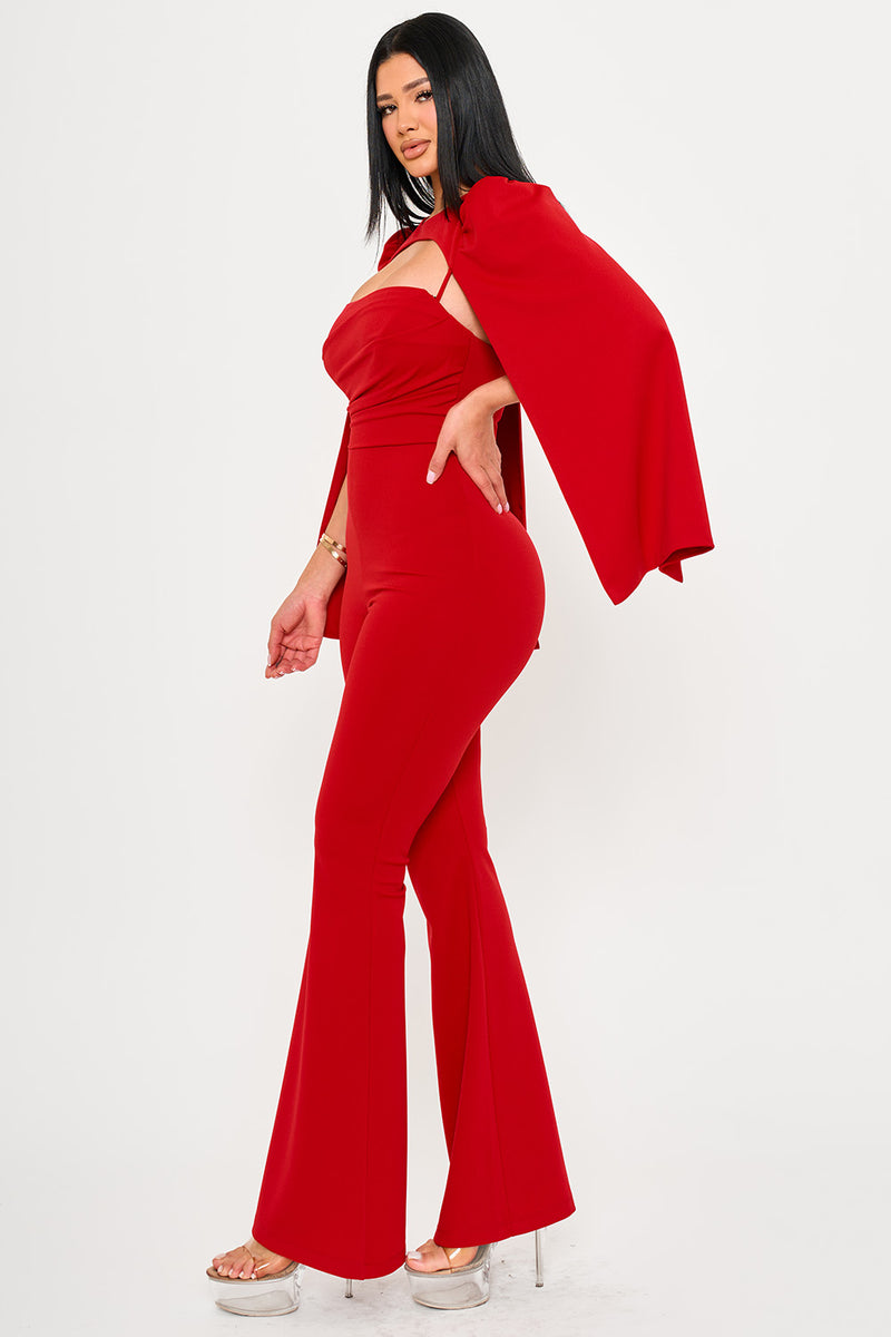 PLEATED BUST WITH ATTACHED LONG SLEEVE CAPE JUMPSUIT