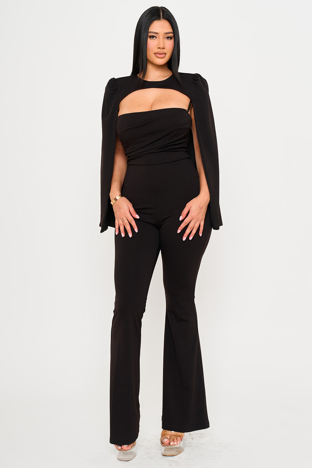 PLEATED BUST WITH ATTACHED LONG SLEEVE CAPE JUMPSUIT