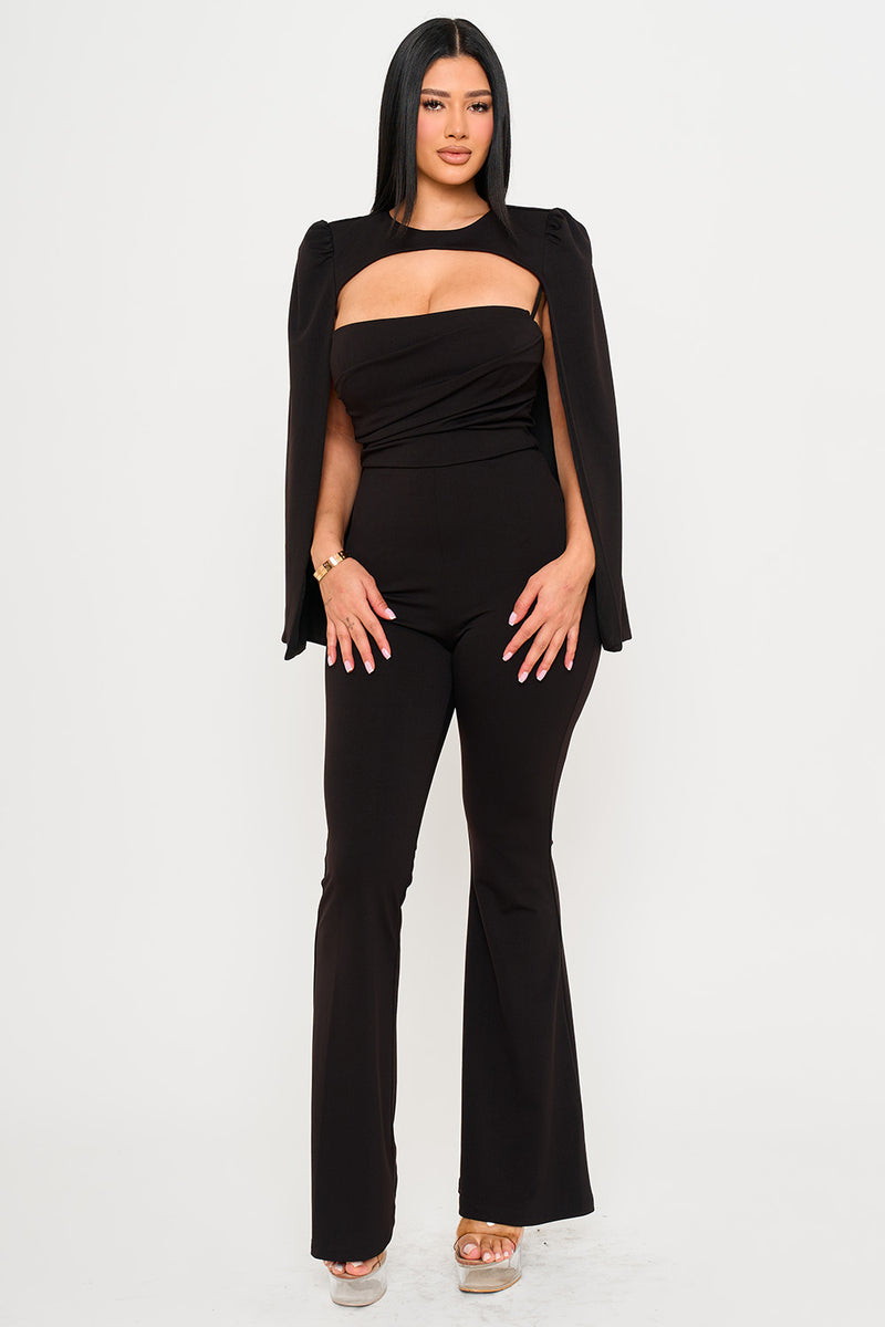 PLEATED BUST WITH ATTACHED LONG SLEEVE CAPE JUMPSUIT