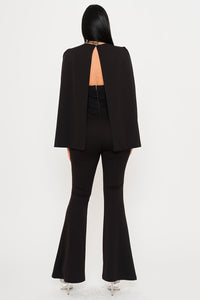 PLEATED BUST WITH ATTACHED LONG SLEEVE CAPE JUMPSUIT