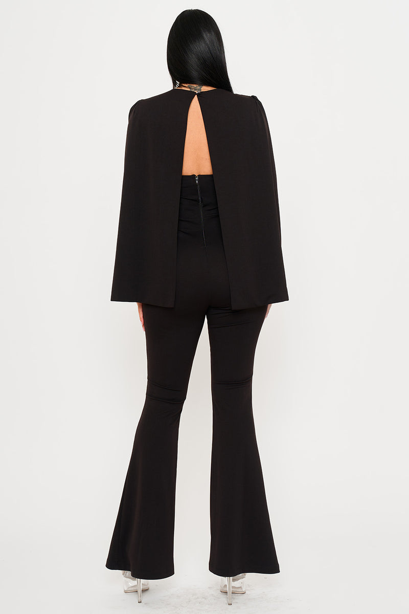 PLEATED BUST WITH ATTACHED LONG SLEEVE CAPE JUMPSUIT
