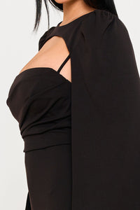 PLEATED BUST WITH ATTACHED LONG SLEEVE CAPE JUMPSUIT