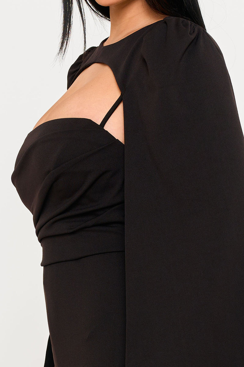 PLEATED BUST WITH ATTACHED LONG SLEEVE CAPE JUMPSUIT