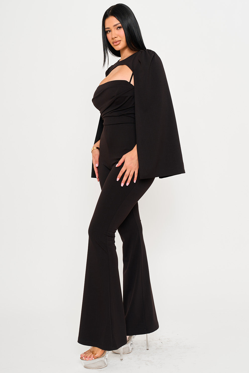 PLEATED BUST WITH ATTACHED LONG SLEEVE CAPE JUMPSUIT