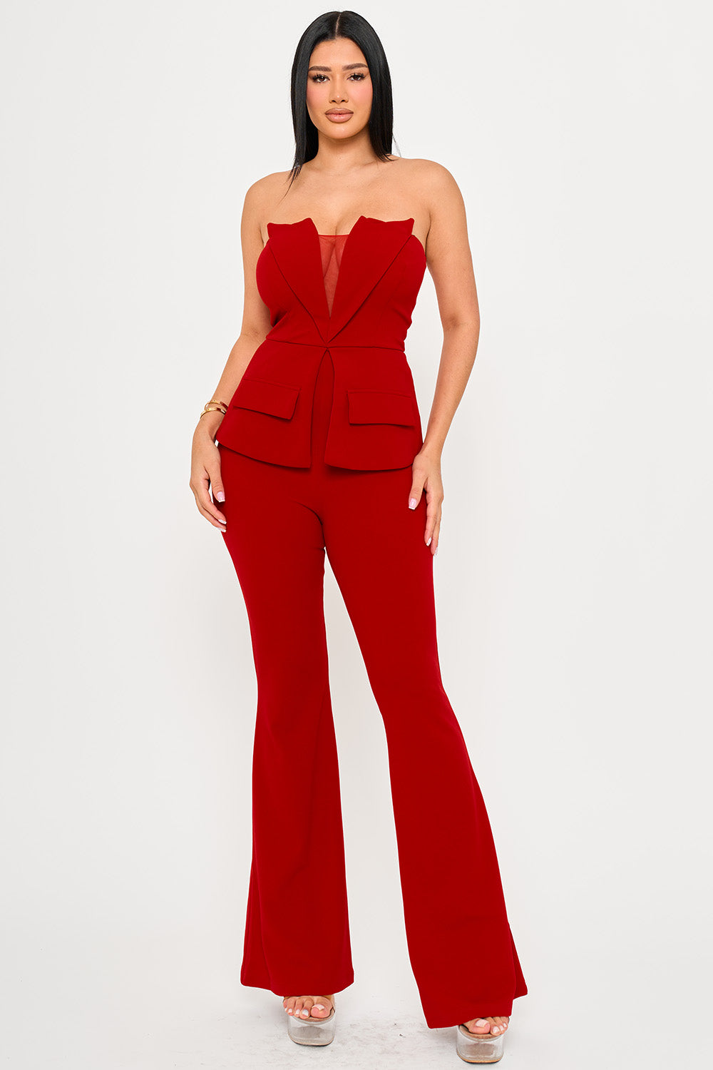 TUBE TOP WITH COLLAR DETAIL PEPLUM JUMPSUIT