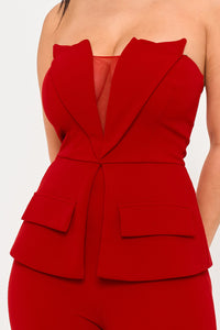 TUBE TOP WITH COLLAR DETAIL PEPLUM JUMPSUIT