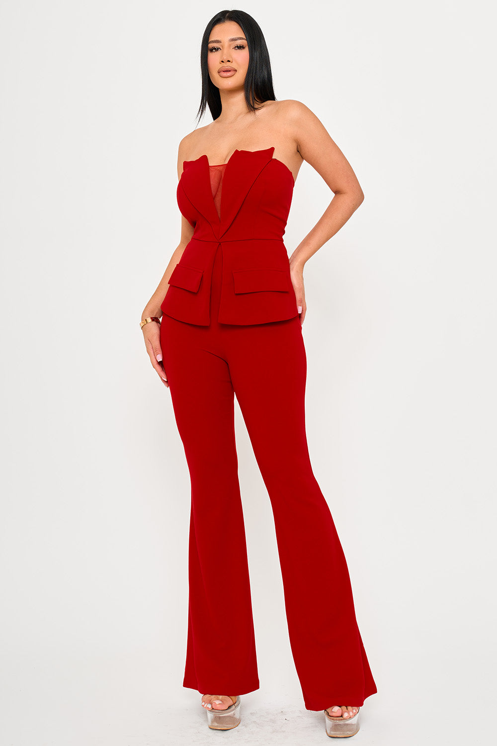 TUBE TOP WITH COLLAR DETAIL PEPLUM JUMPSUIT