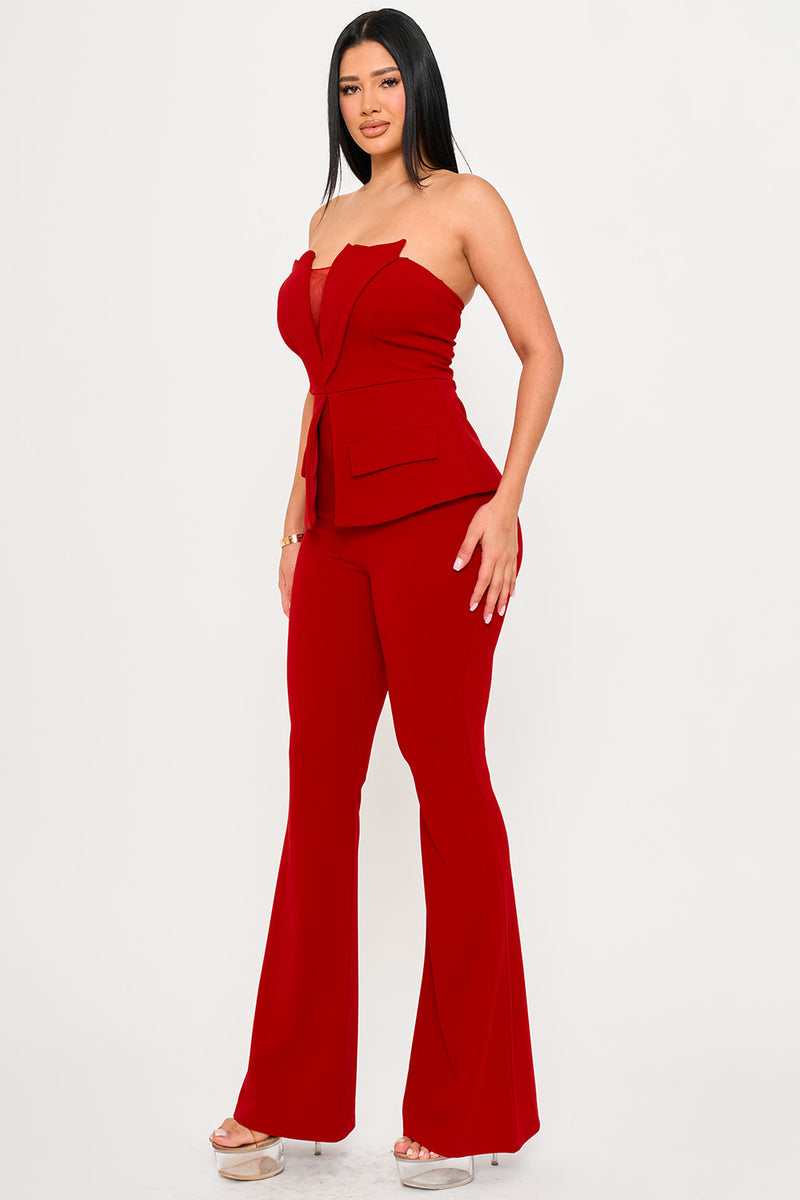 TUBE TOP WITH COLLAR DETAIL PEPLUM JUMPSUIT