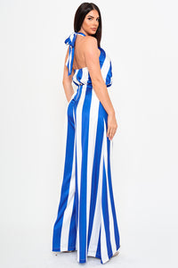 STRIPE ON SATIN HALTER NECK JUMPSUIT