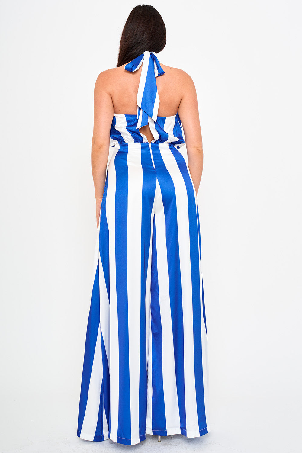 STRIPE ON SATIN HALTER NECK JUMPSUIT