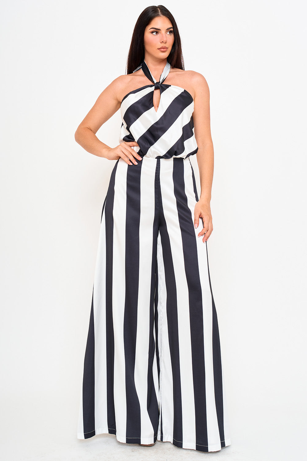 STRIPE ON SATIN HALTER NECK JUMPSUIT