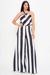 STRIPE ON SATIN HALTER NECK JUMPSUIT