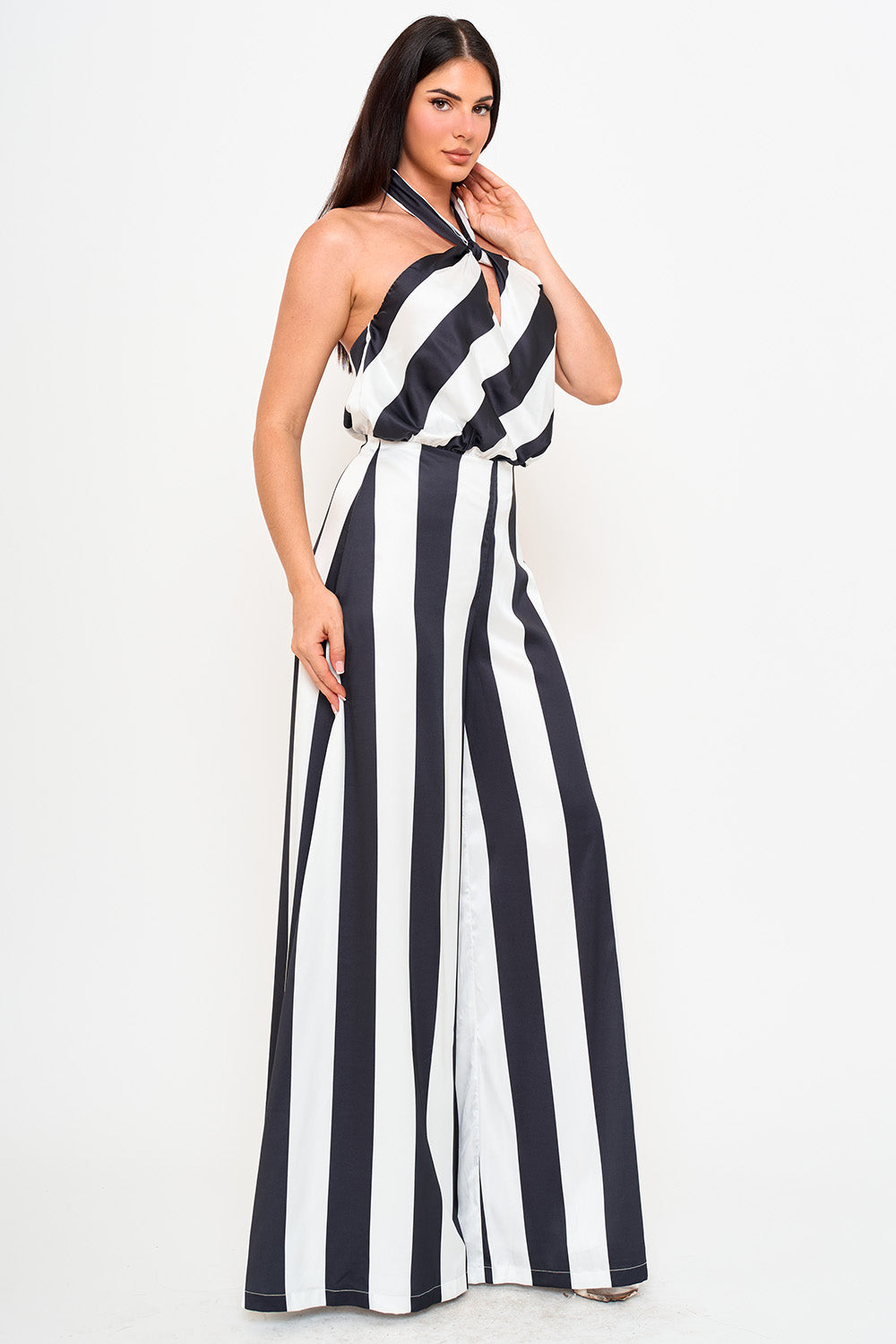 STRIPE ON SATIN HALTER NECK JUMPSUIT
