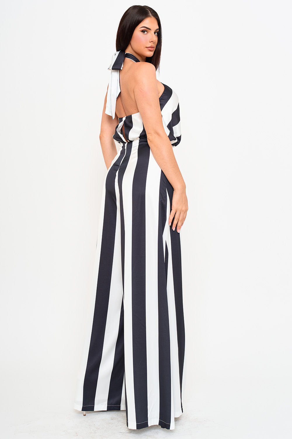 STRIPE ON SATIN HALTER NECK JUMPSUIT