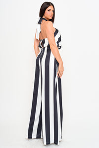 STRIPE ON SATIN HALTER NECK JUMPSUIT