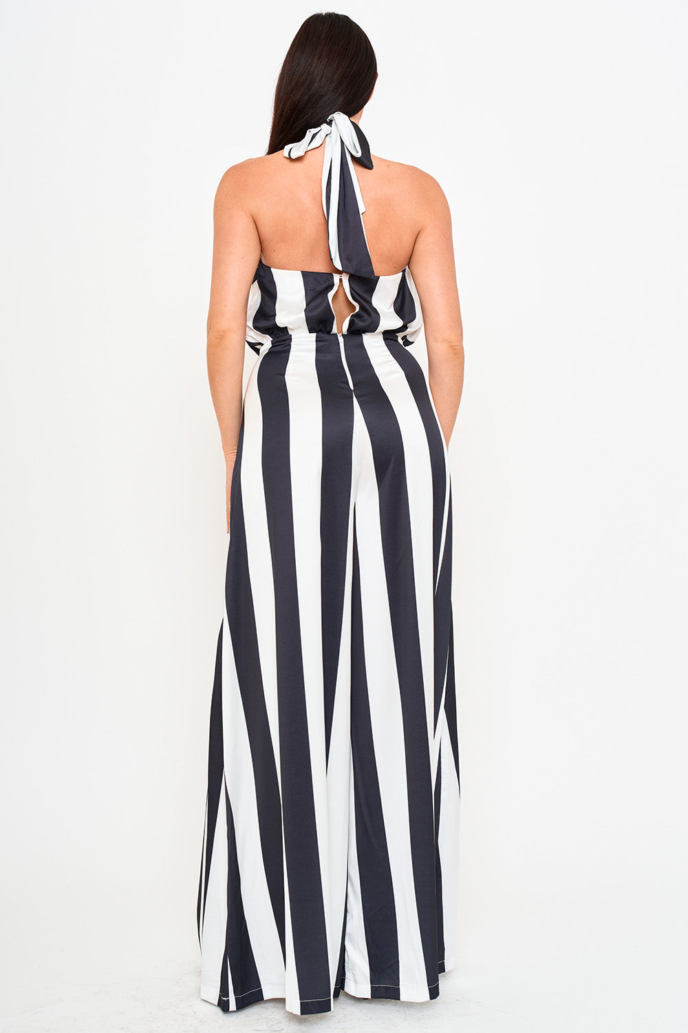 STRIPE ON SATIN HALTER NECK JUMPSUIT