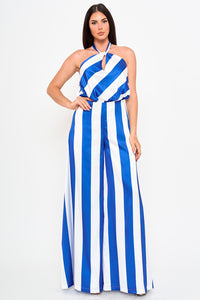 STRIPE ON SATIN HALTER NECK JUMPSUIT