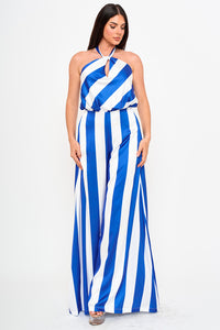 STRIPE ON SATIN HALTER NECK JUMPSUIT