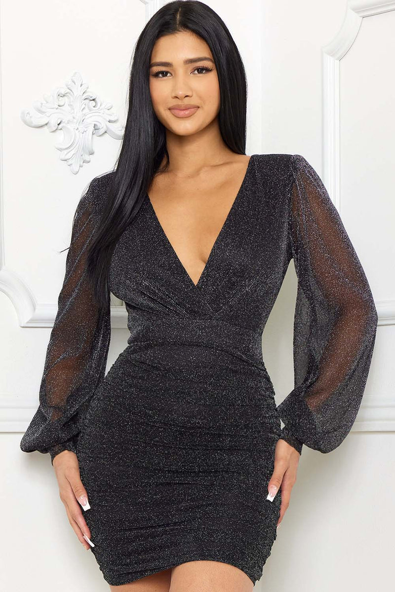 SHIMMER MESH SHIRRING ON THE SIDE MINI DRESS