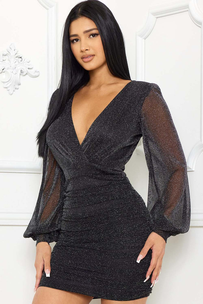 SHIMMER MESH SHIRRING ON THE SIDE MINI DRESS