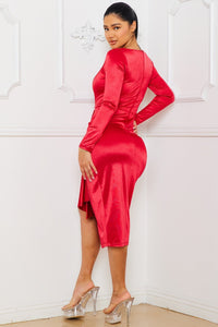 SATIN SQUARE NECK RUCHED MIDI DRESS