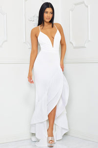 LAYER RUFFLE TRAIN DETAILED MAXI DRESS