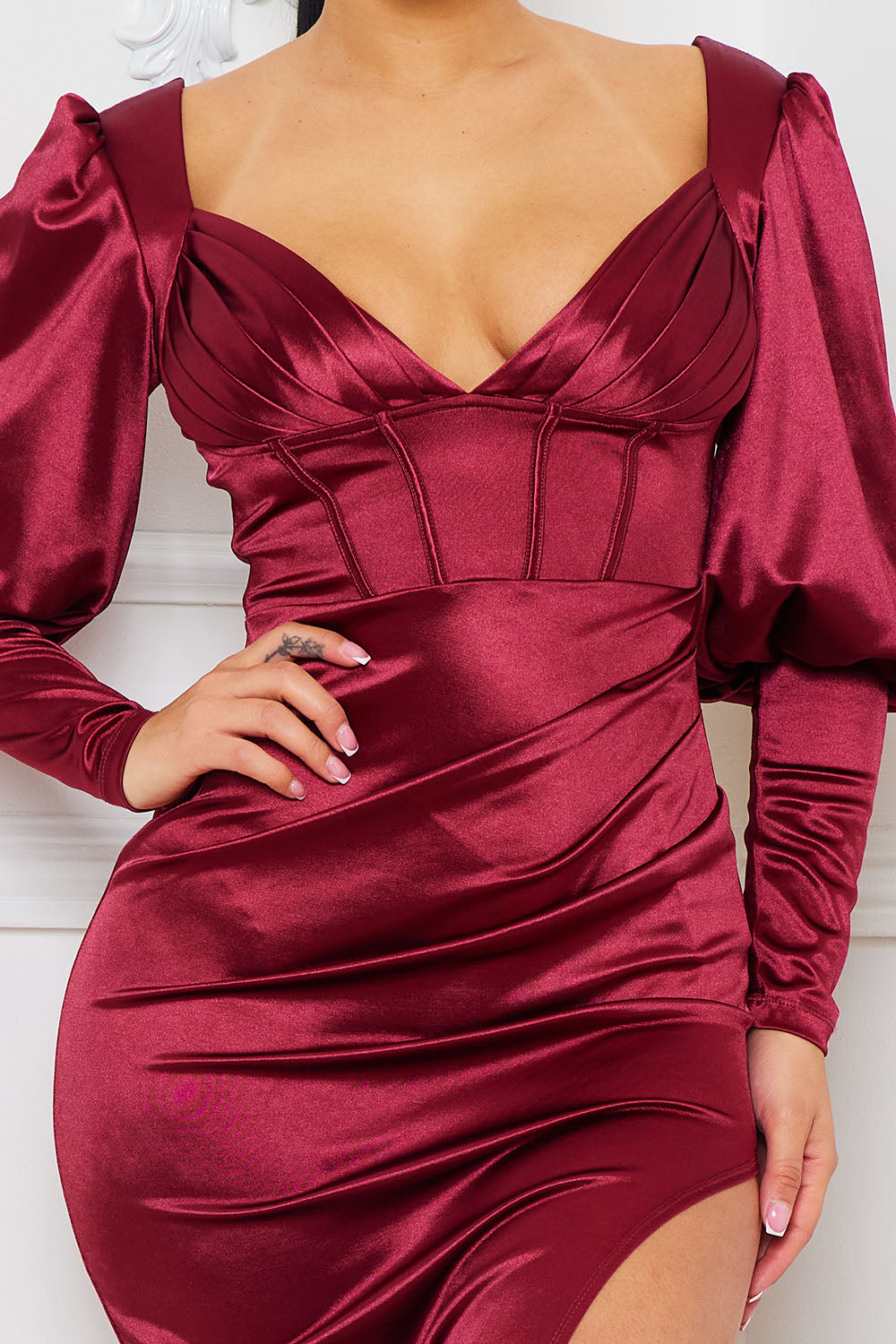SATIN BUSTIER SWEETHEART NECK MAXI DRESS