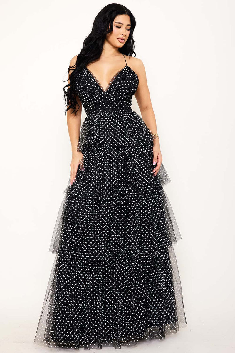 POLKADOT MESH PLEATED MULTI LAYER MAXI DRESS